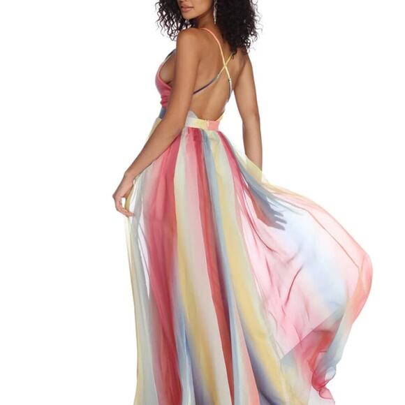 Cupshe Rainbow Maxi Plunge Dress Sz M Fairycore NWT Whimsical Festival Vacation - Picture 1 of 11